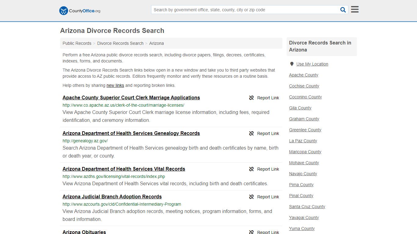 Arizona Divorce Records Search - County Office